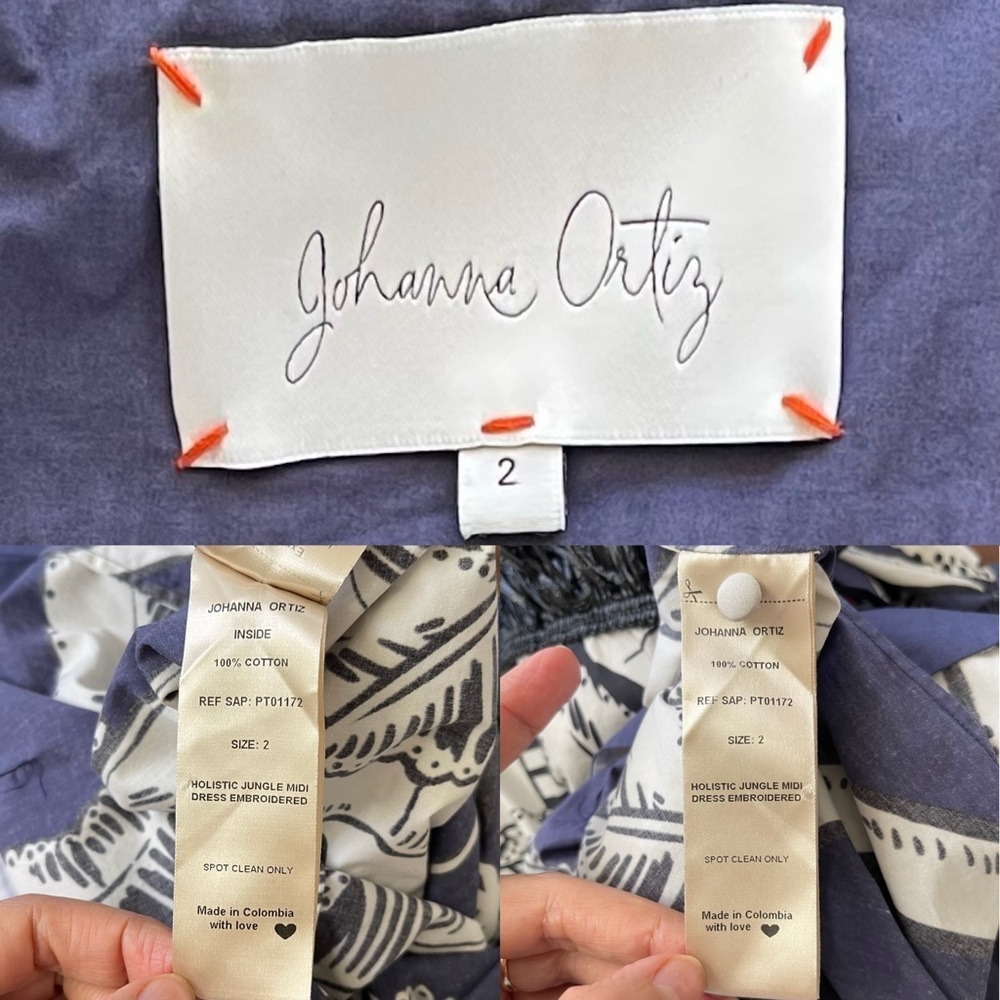Johanna Ortiz Holistic Jungle Embroidered Midi Dress Navy Ecru 2 EUC - Picture 5 of 9